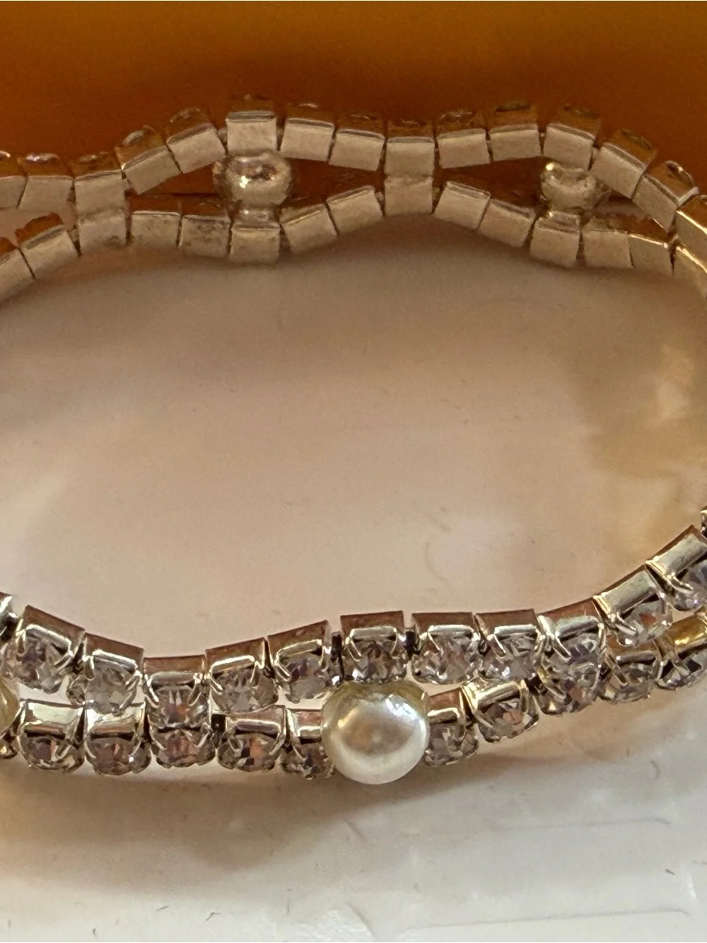 Pearl & Rhinestone Double Strand Statement Bracelet | Sterling Silver and CZ